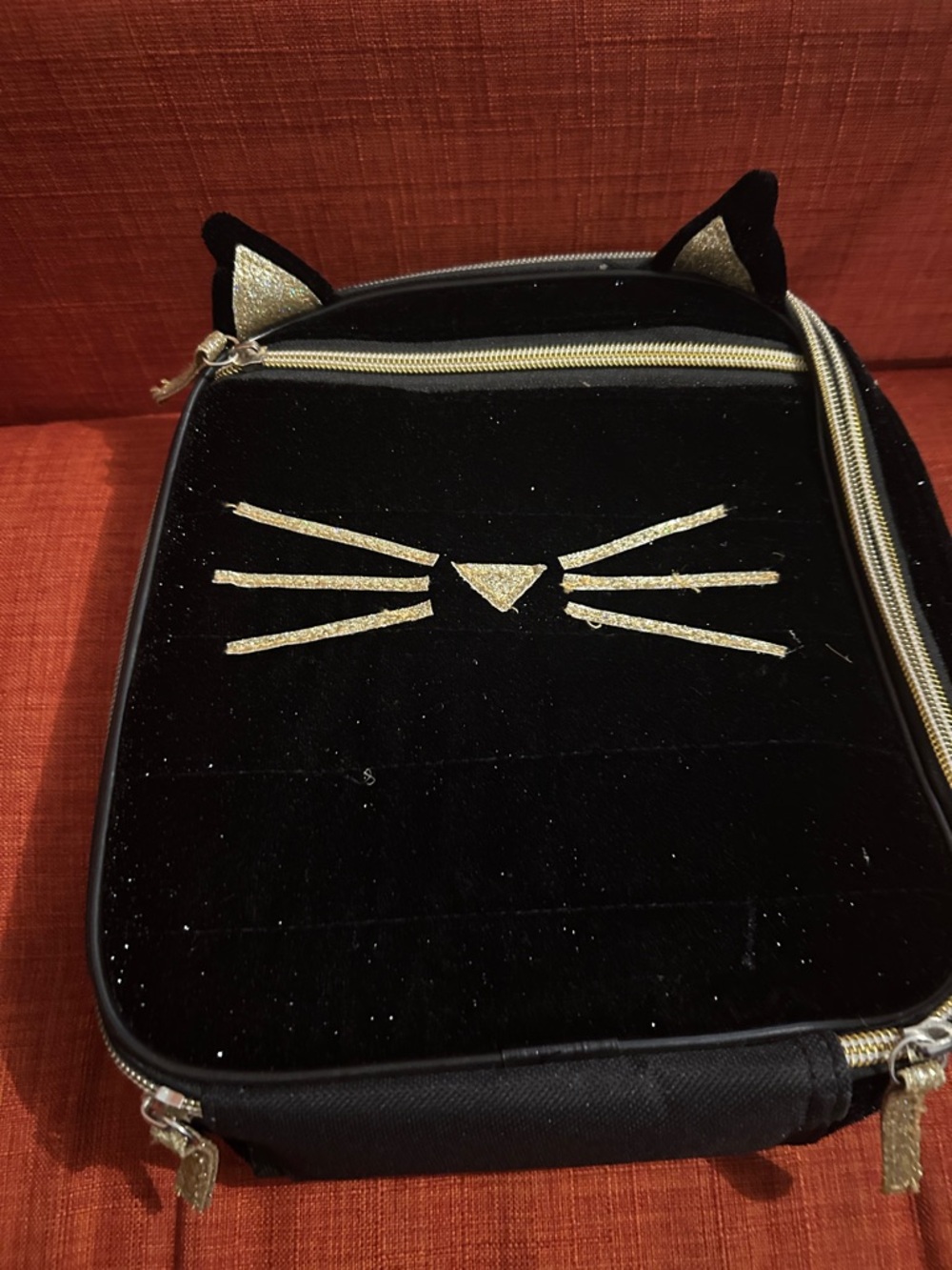 Black & Gold Cat Face Plush cat lunch Bag